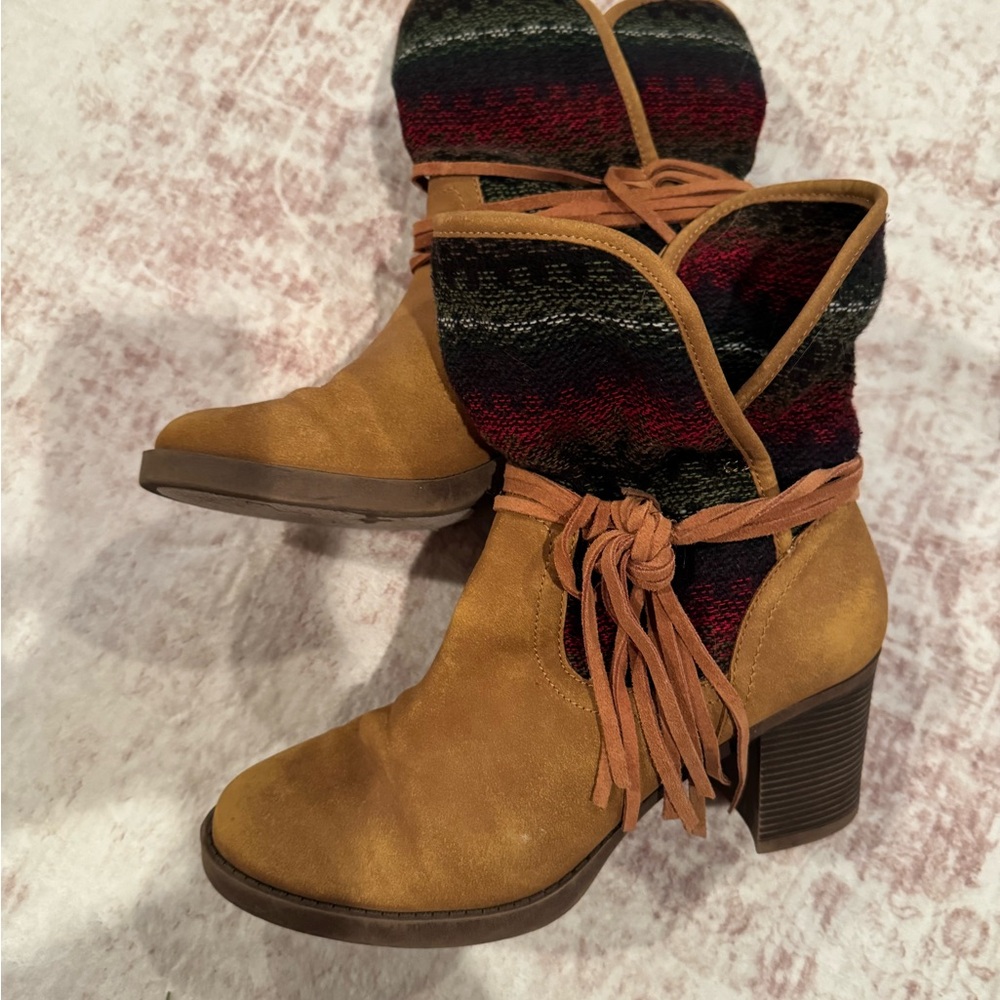 Sugar Faux Suede Boots with a Mexican blanket style blue, red, green ankle.